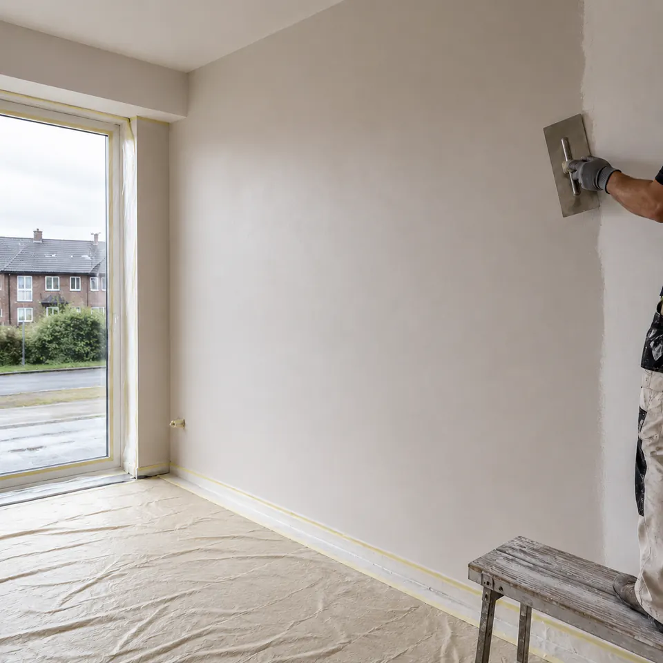 Stukadoor uit Pijnacker werkt een woonkamerwand af tot glad stucwerk